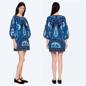 NWT Sea New York Gael Embroidered Appliquéd Cotton-Bend Zip Mini Dress Blue